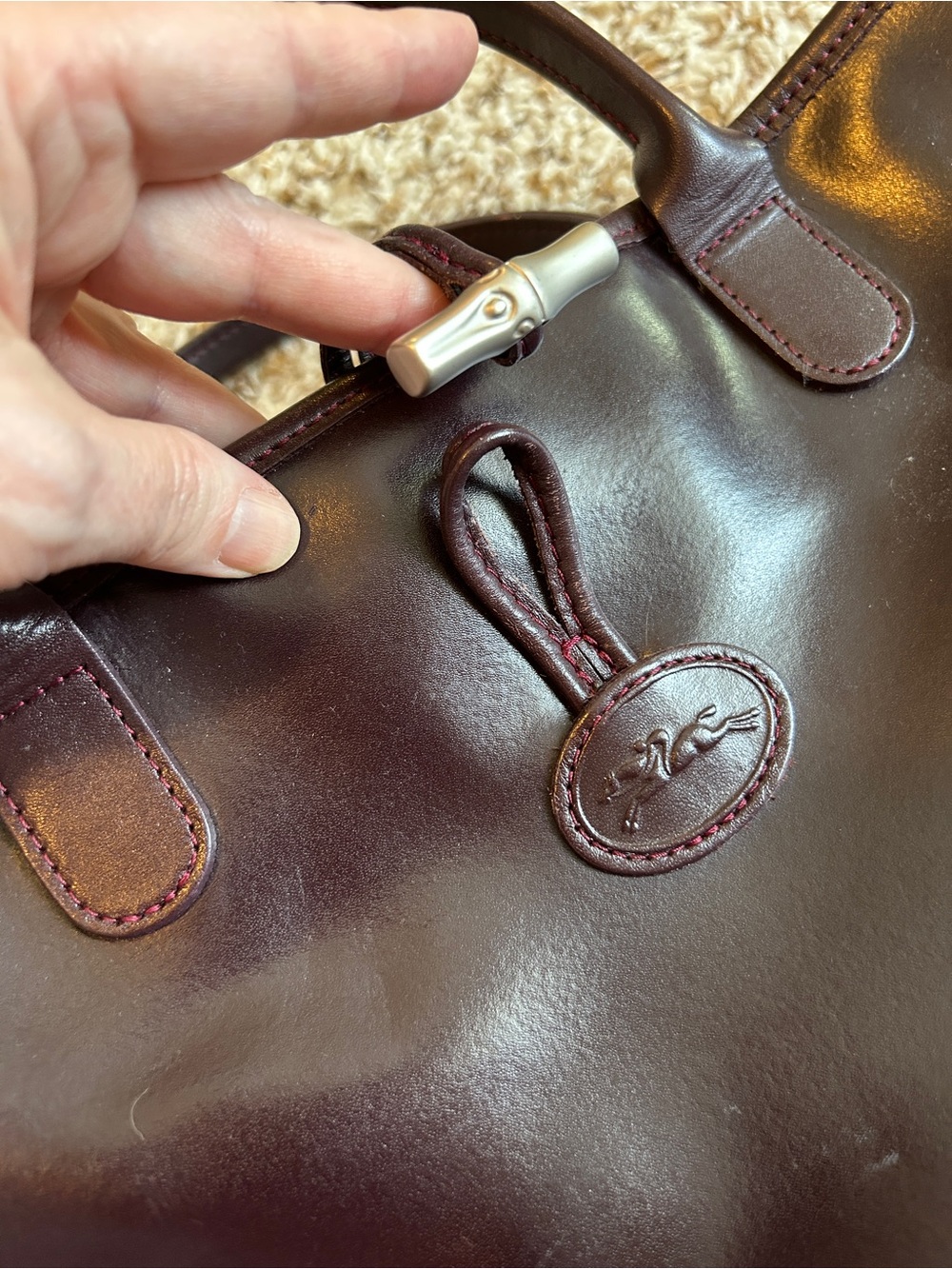 Longchamp Le Roseau Burgundy Brown Leather Handbag Silver Bamboo Clasp Vintage - Picture 14 of 15
